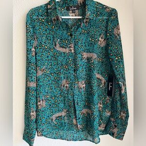 Teal Cheetah Design Button Up, semi sheer